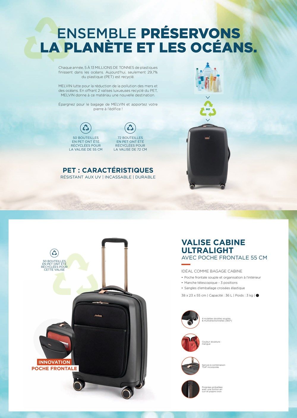 MELVIN Valise Cabine Ultralight en PET Recyclé 55 Cm Noir