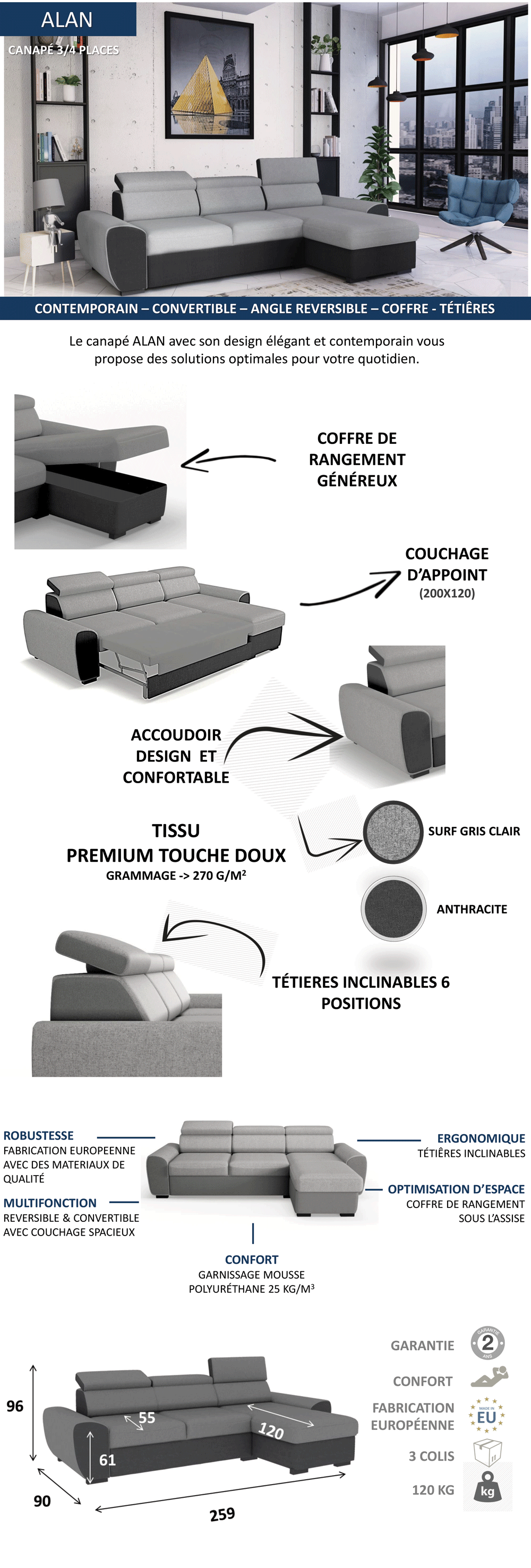 ALAN Canapé d'angle convertible + coffre 4 places - Tissu anthracite et gris - L 259 x P 163 x H 75 cm