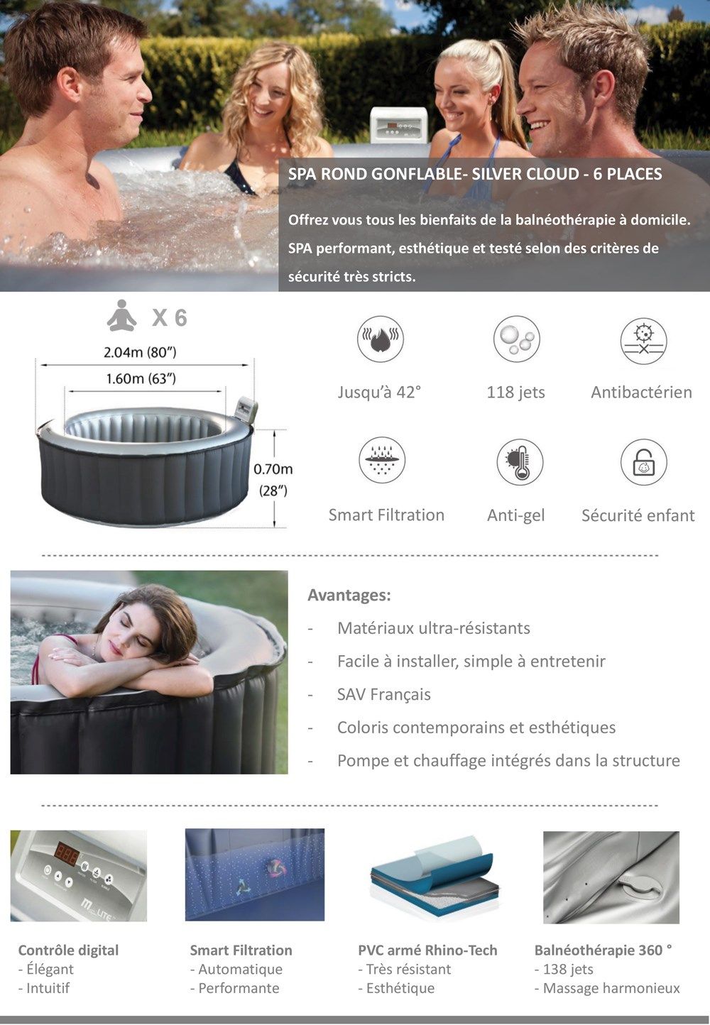 SILVER CLOUD Spa gonflable Ø 205 cm rond - 6 places