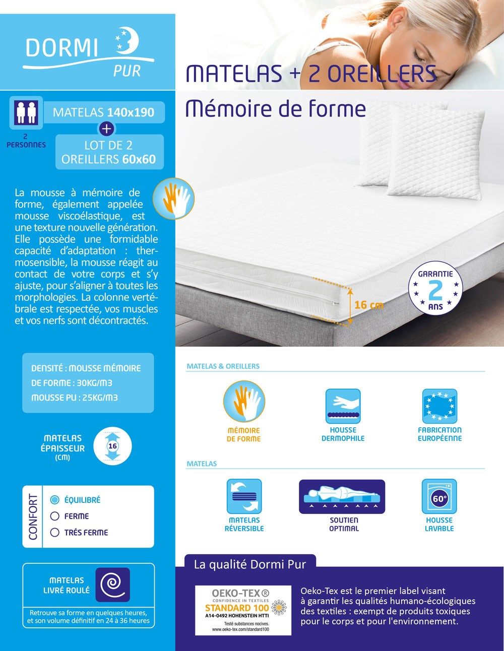 DORMIPUR Matelas 140x190 - Mémoire de forme - 16 cm + 2 Oreillers DREAMER - Mémoire de forme - 60x60cm