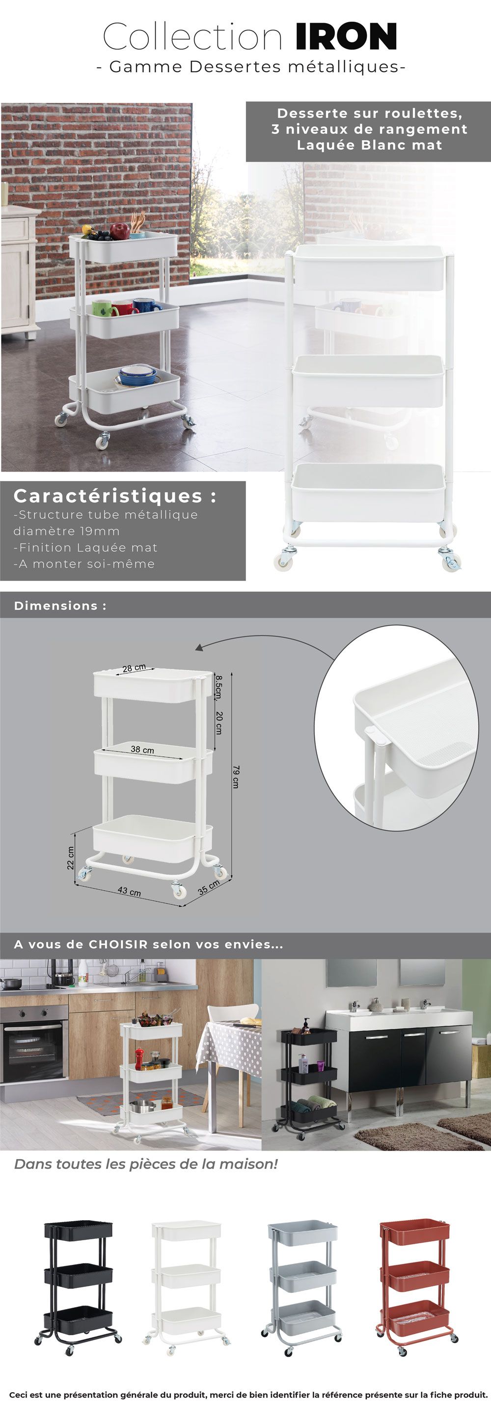 IRON Desserte métal L 51,5 cm - Blanc laqué