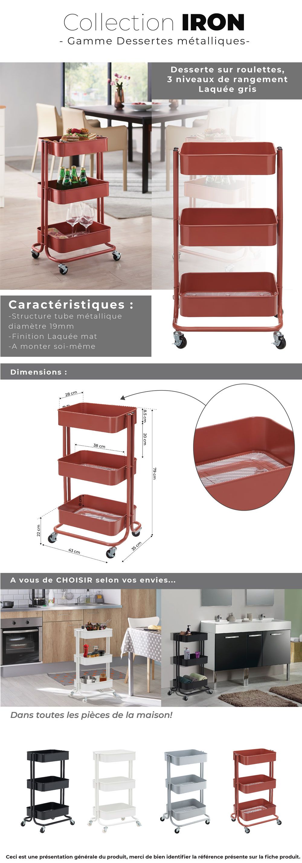 IRON Desserte métal L 51,5 cm - Terracotta laqué