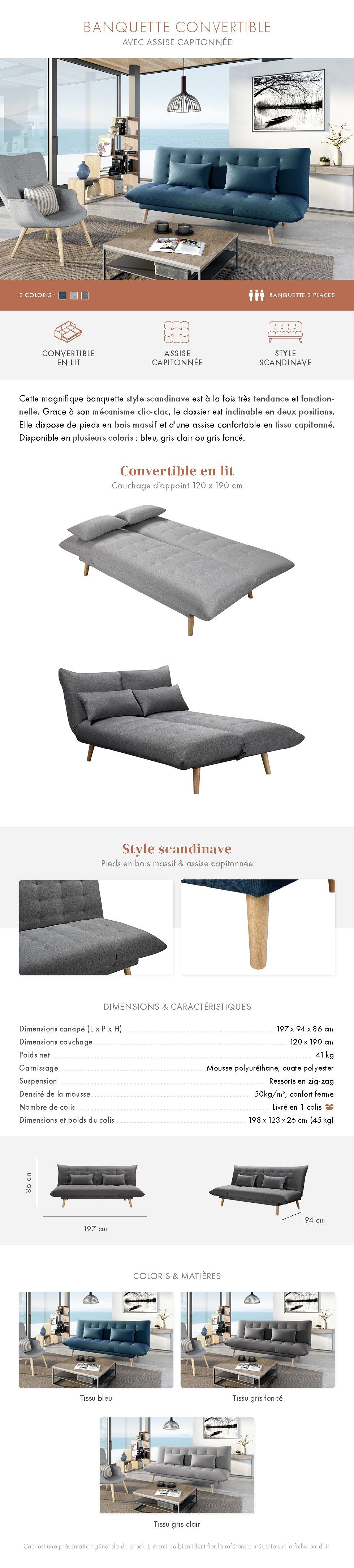 SOLIS Banquette convertible 3 places - Tissu Bleu pétrole - L 197 x P 94 x H 86 cm