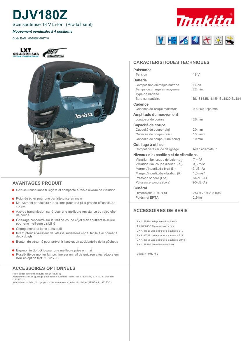 Makita DJV180Z 18 V LXT Scie sauteuse sans fil avec Bosch 10 x Lames pour bois /& METEL