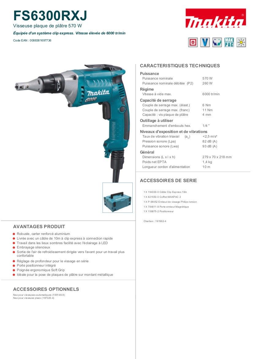 Visseuse Pour Plaques De Platre Makita 570w 6000tr Min Fs6300rxj Achat Vente Visseuse Devisseuse Visseuse Pour Plaques De Cdiscount