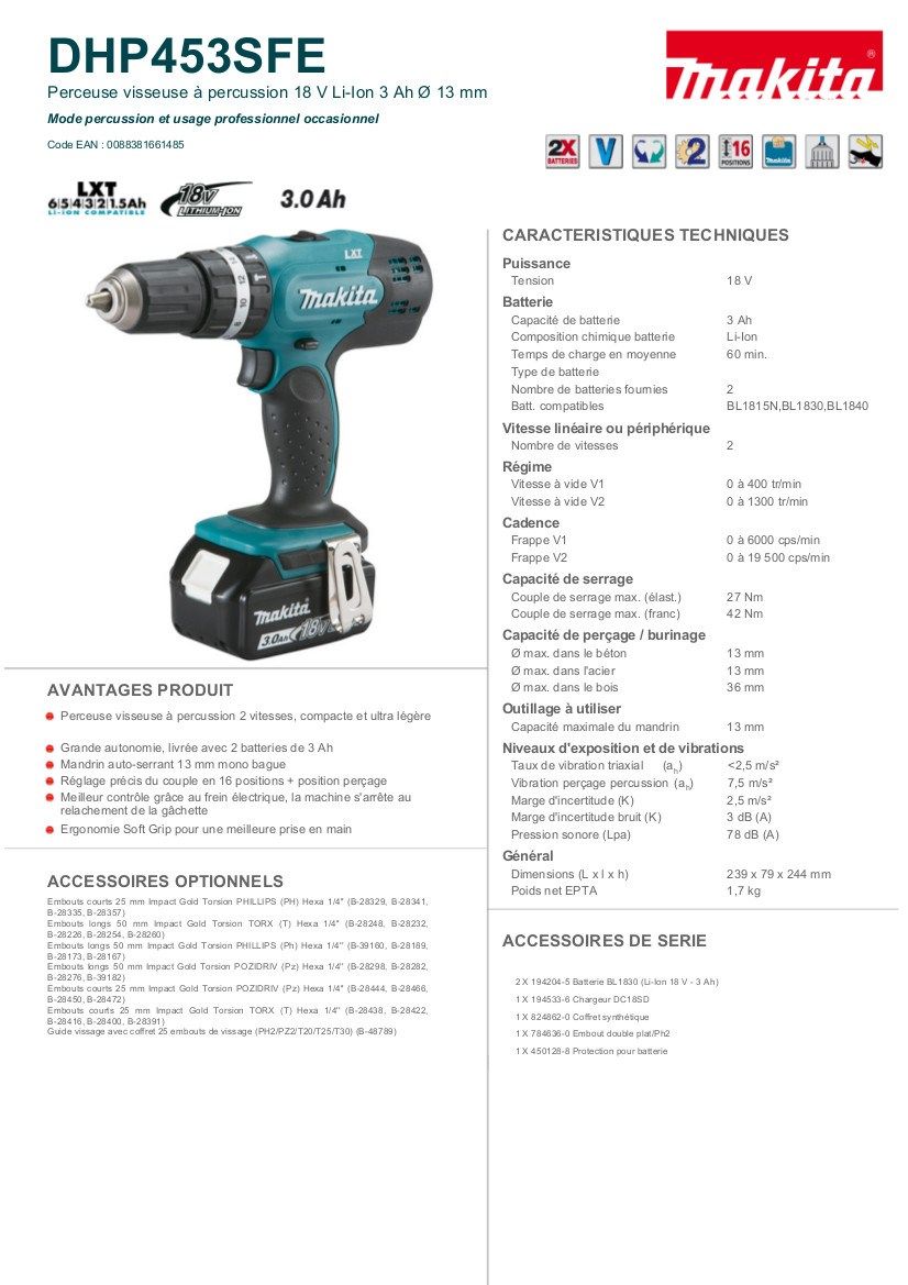 Perceuse Visseuse A Percussion Dhp453sfe Makita Achat Vente Perceuse Perceuse Visseuse A Percuss Cdiscount