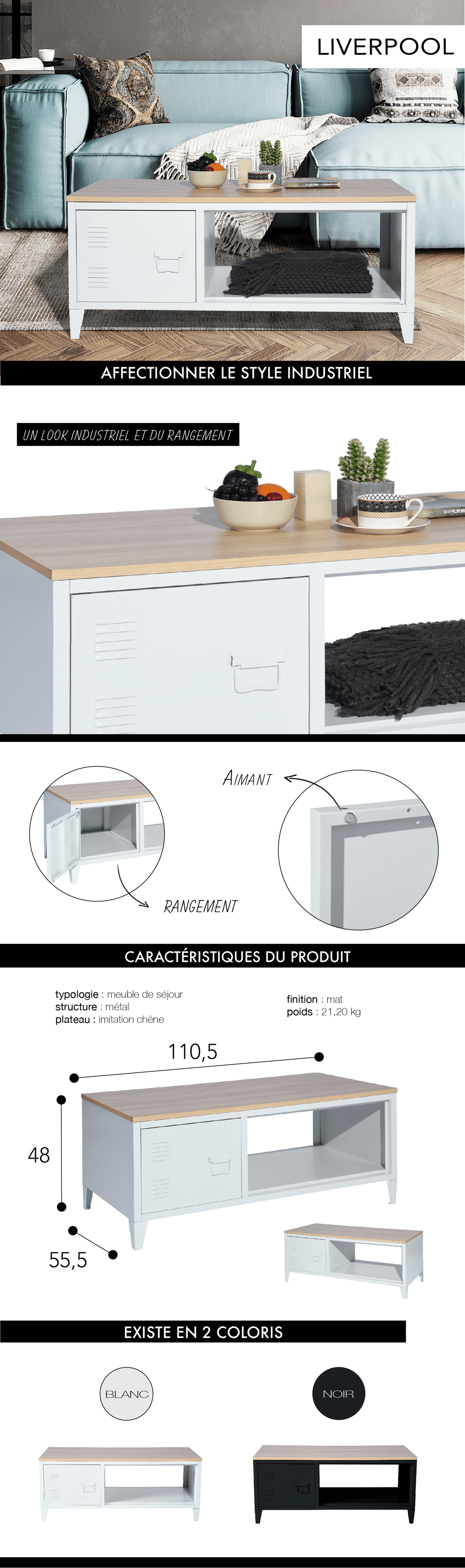LIVERPOOL Table basse rectangle avec niche et tiroir - Décor chêne et blanc  - L 120 x P 40 x H 46 cm