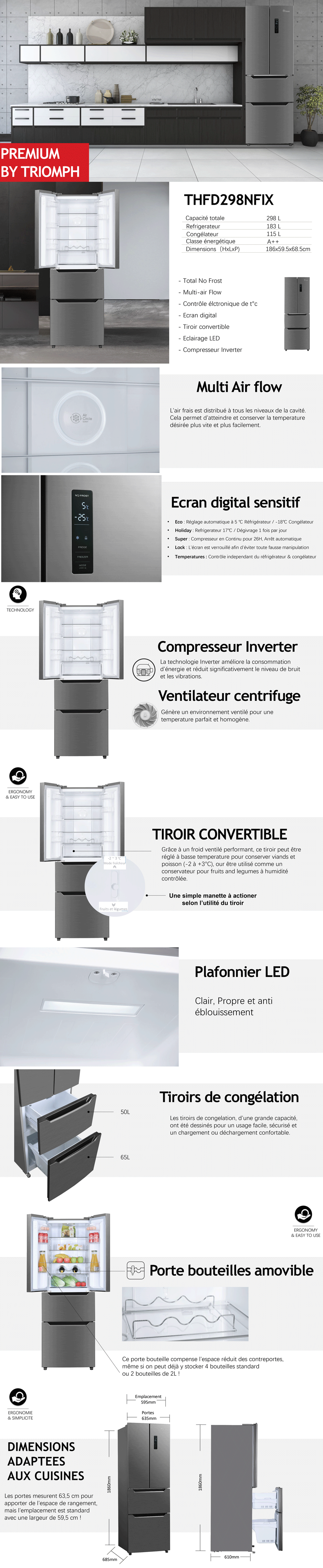 TRIOMPH THFD298NFIX - Réfrigérateur multi-portes - 298L (183+115) - Froid ventilé - Classe A++ - L 59.5cm x H 183 cm - Inox Look