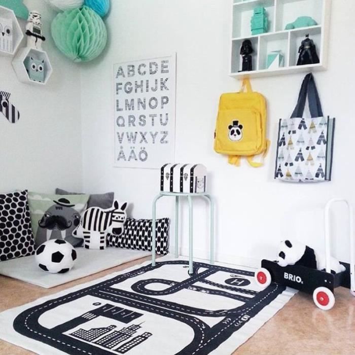 Tapis de Jeu Circuit Voiture de Course Pr Bébé Enfant Tapis Rectangle en Coton Déco Salle