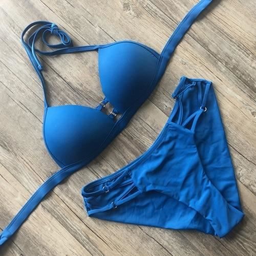 Maillot De Bain Maillot De Bain Bikini String Noir Solide Sexy Dos Nu Push Up Ensemble Deux