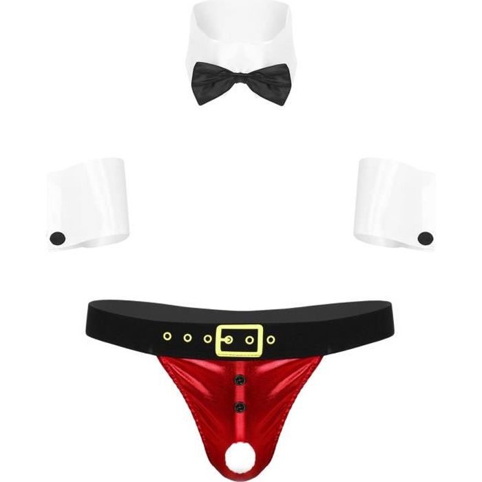 Iixpin Déguisement Noël Homme Sexy Body String Mankini Costume Père Noël Ensemble Lingerie S 3XL
