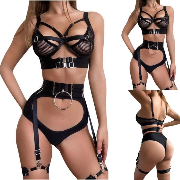 Ensemble de lingerie sexy à armatures avec jarretière noire pour femmes