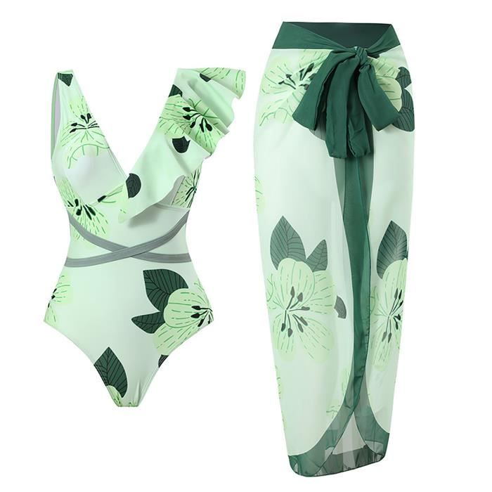 Maillot de bain une pièce Bikini Maxi robe deux pièces en mousseline à lacets Vert A6 Vert