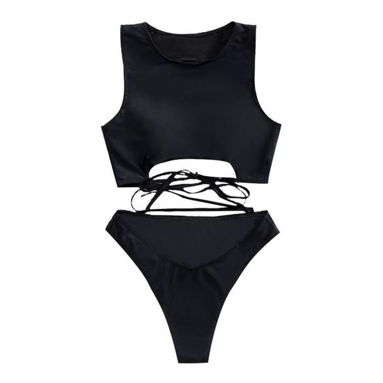 Maillot De Bain Bikini Uni Fendu Pour Femme Dos Nu Couleur Unie X Maillot Noir Noir Cdiscount