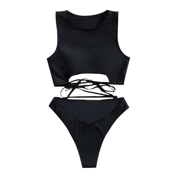 Maillot De Bain Bikini Uni Fendu Pour Femme Dos Nu Couleur Unie X