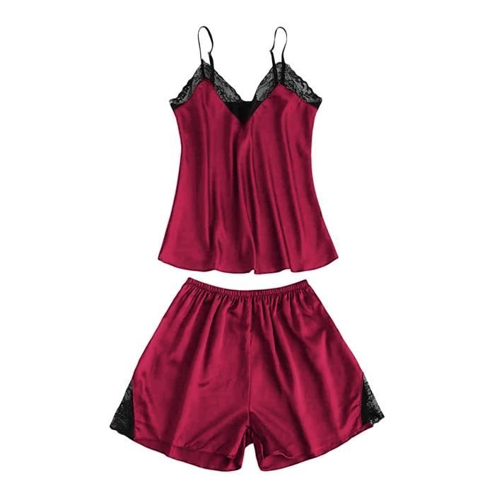 Ensemble Caraco Et Shorty Pour Femme Sexy Lingerie De Nuit Satin Silk Babydoll Lace Up