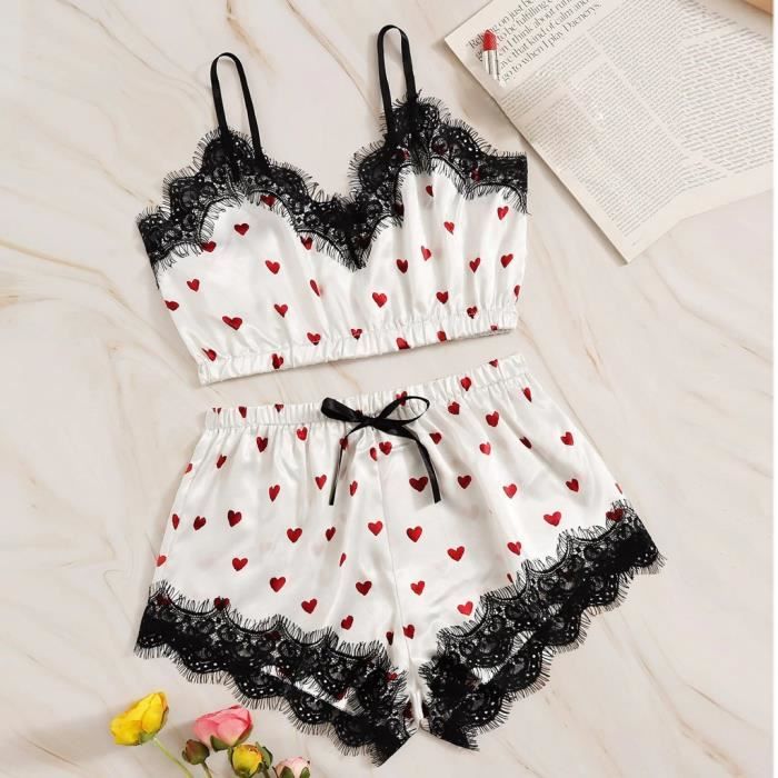 Ensemble de lingerie pour femmes col en V imprimé cœur dentelle satin pyjama nœud papillon
