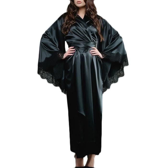 Femmes Sexy Dentelle Satin Kimono Longue Robe Peignoir Lingerie