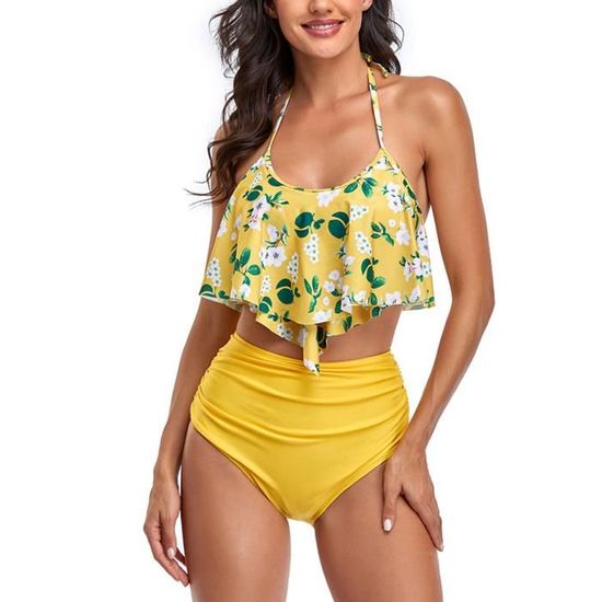 Maillot De Bain Mode Femmes Bikini Taille Haute Impression Licol Fendu Jaune Jaune Cdiscount