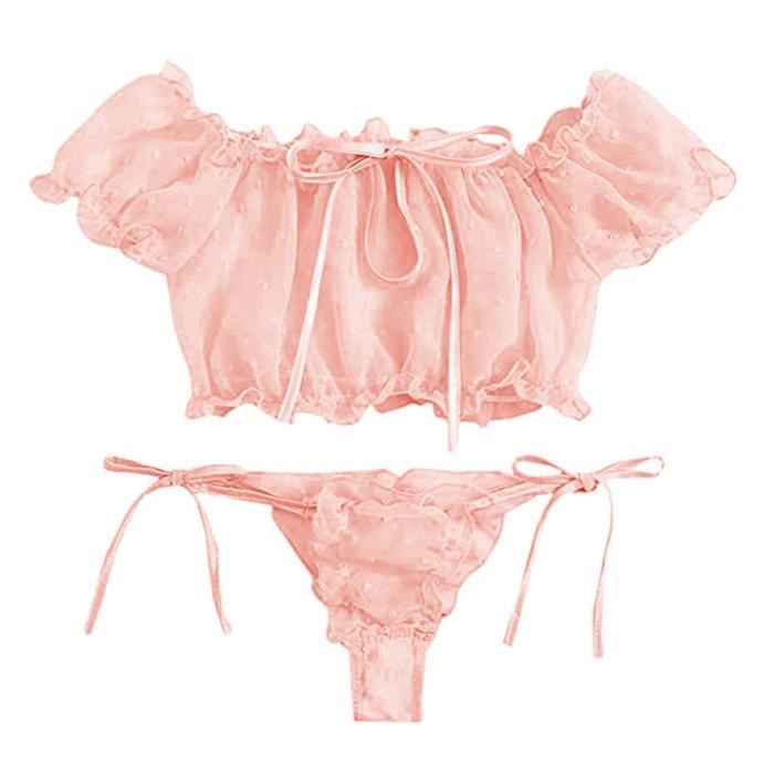 Ensemble De Lingerie Femmes Mignonnes Broderie Dentelle Bowknot Off Shouder Ensemble Lingerie