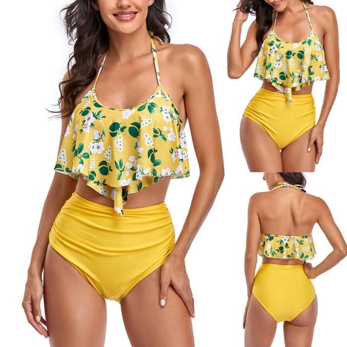 Maillot De Bain Mode Femmes Bikini Taille Haute Impression Licol Fendu Jaune Jaune Cdiscount