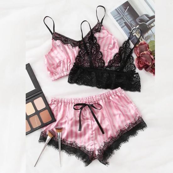 3PCS Costume Sexy Femmes Dentelle Rayure Arc Lingerie Sous Vêtements
