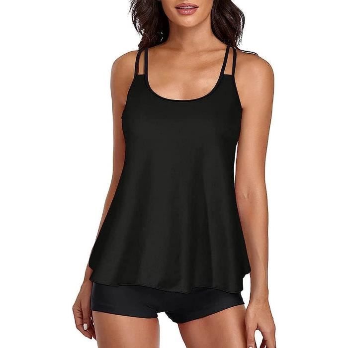 Maillot de Bain Pièces Femme Tankini Ensembles Maillots Bikini Set Imprimé sans Manches noir