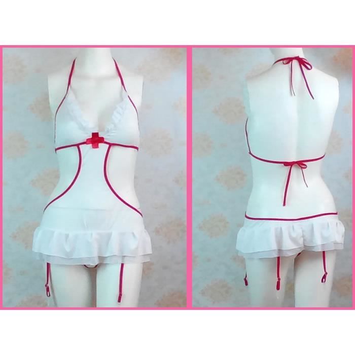 Femme Infirmière Sexy Lingerie Uniforme Set Tentation Nuisette avec Bas