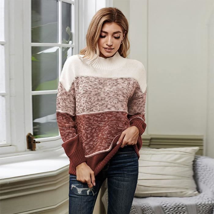 DoringIN-Mode Pull Chandail Femme Col Montant Manches Regular Fit Chandail Tricolore