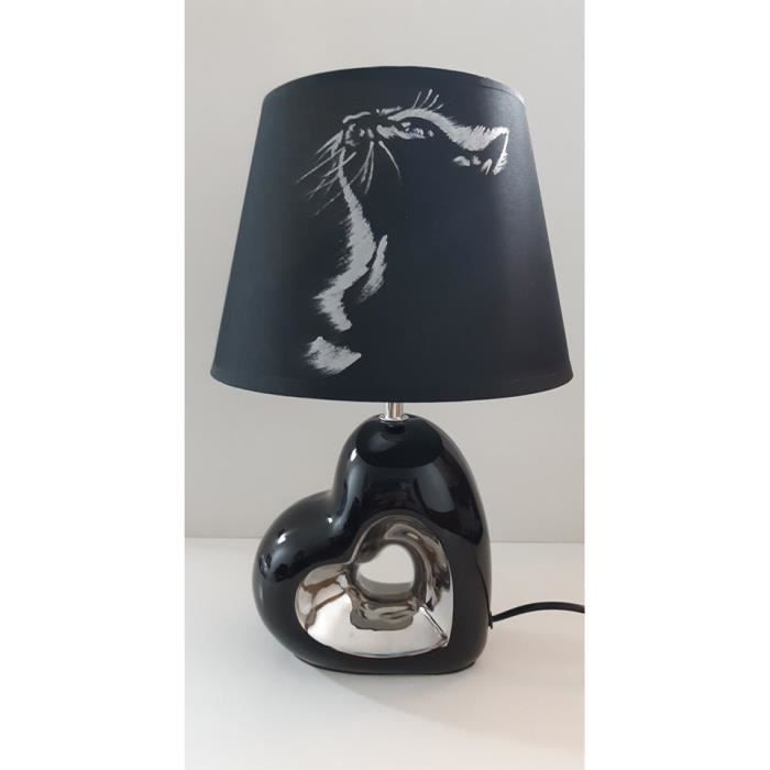 LAMPE A POSER CHAT ARGENT PEINT MAIN PROS CŒUR NOIR ET ARGENT