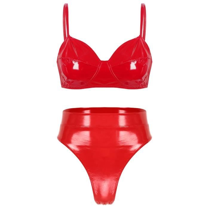 DPois Ensemble Lingerie Feminine 2 Pièces Cuir Verni Femme Sexy Soutien