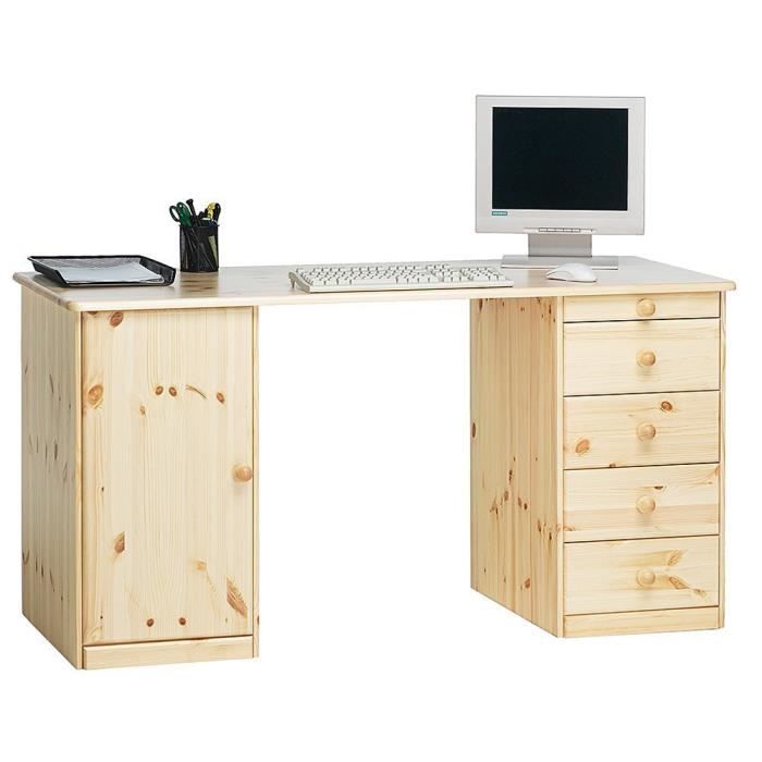 Meuble de bureau avec 1 porte et 5 tiroirs en pin coloris naturel verni, 150 x 60 x 77 cm