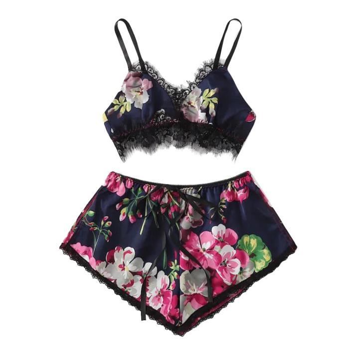 Mode Sexy Dentelle Satin Garniture Floral Bow Lingerie Ensemble Pyjama Babydoll Nuit L Bleu