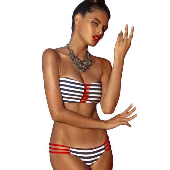 Minetom Femme T Sexy Sans Bretelles Rayure Impression Push Up Bikini