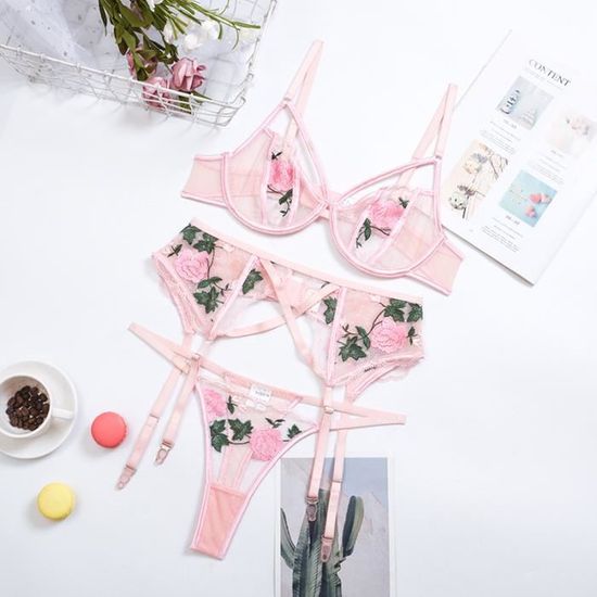 Ensemble De Lingerie Sexy Pour Femme Avec Porte Jarretelles En Dentelle Rose Rose Cdiscount