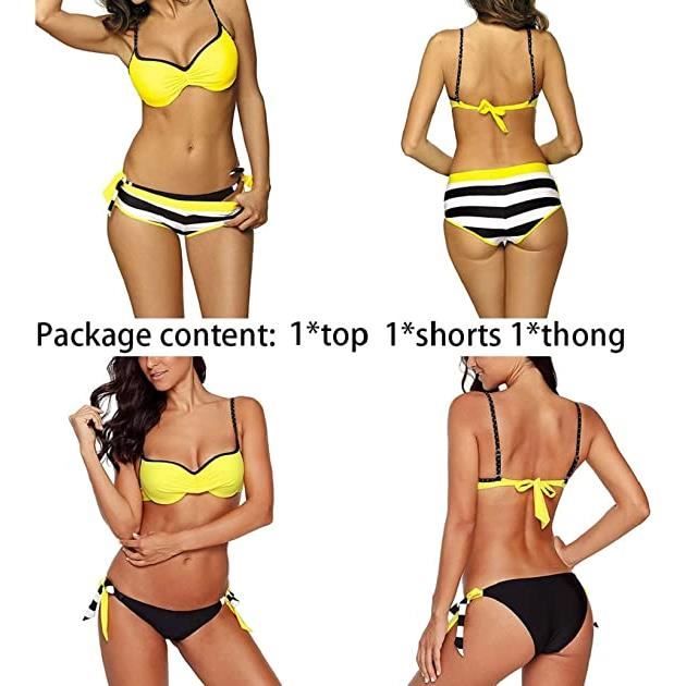 Bikini Rayé Maillot de Bain 3 Pièces Femme Sexy Push Up Swimwear avec
