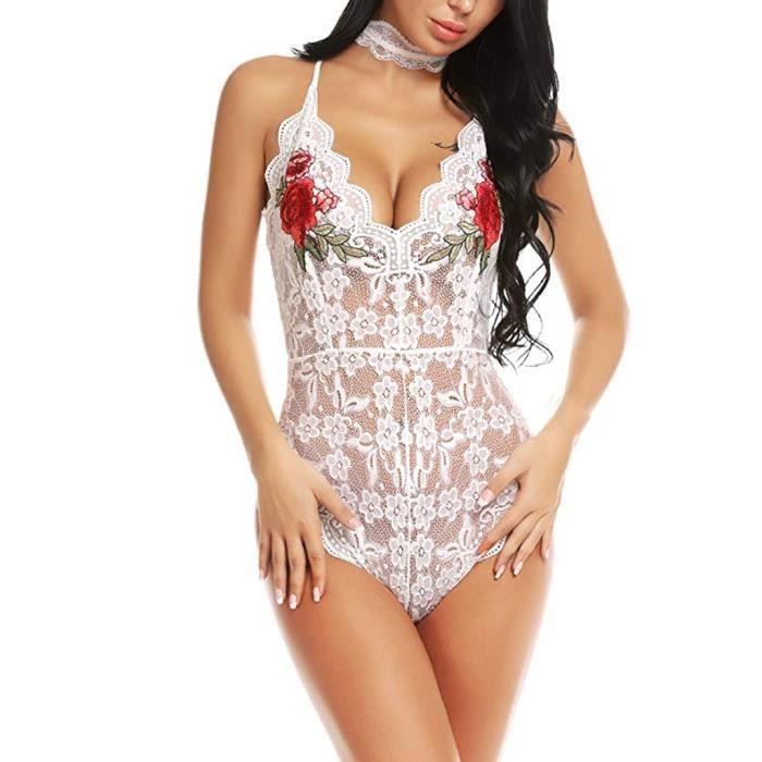 Femmes Sexy Dentelle Col V Body Teddy Lingerie Combinaison Broderie