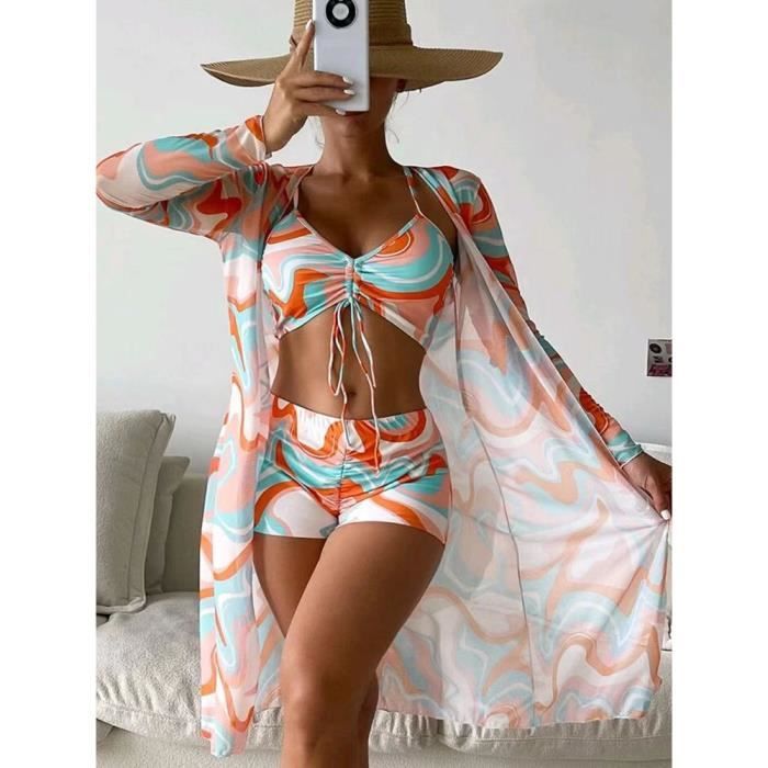 Maillot De Bain Pi Ces Pour Femme Bikini Fleurs Tropicales Avec Cache Maillot Vert Lime Vert
