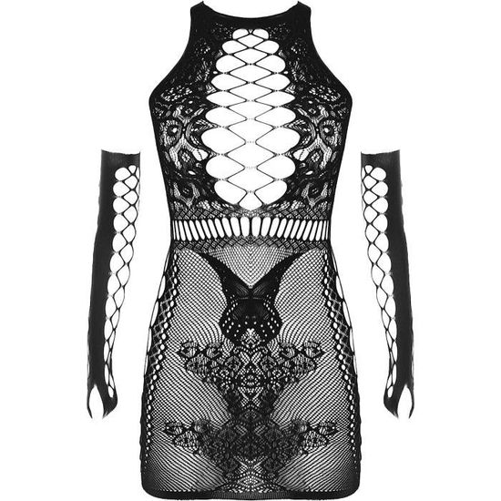 Nuisette Femme Sexy Mini Robe Transparente Lingerie Fishnet Body Combinaison Ouverte Babydoll