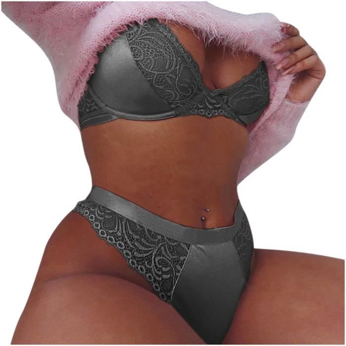 Femmes Mode Dentelle Gilet Creux Maille See Through Push Up Sexy Sous Vêtements Lingerie gris