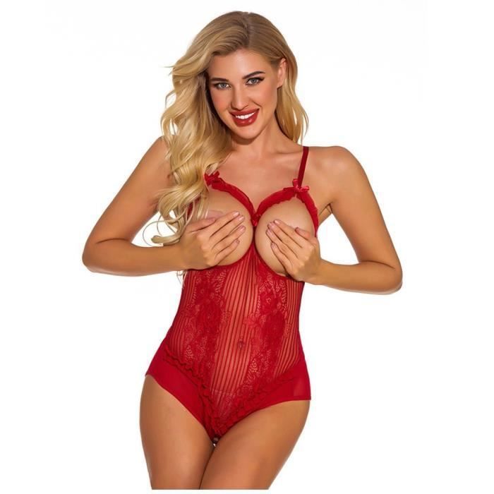 Combinaison Pyjamas Rouge Femmes Sexy Lingerie Dentelle Dos Nu Body
