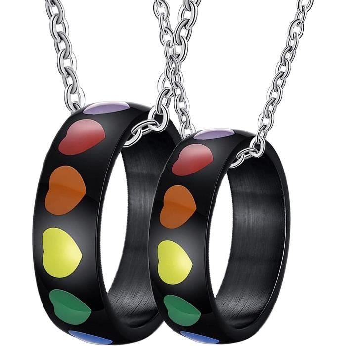 Bague Collier Couple Collier Gay Mm Lgbt Avec Mail De C Ur Arc En Ciel Noir En Acier