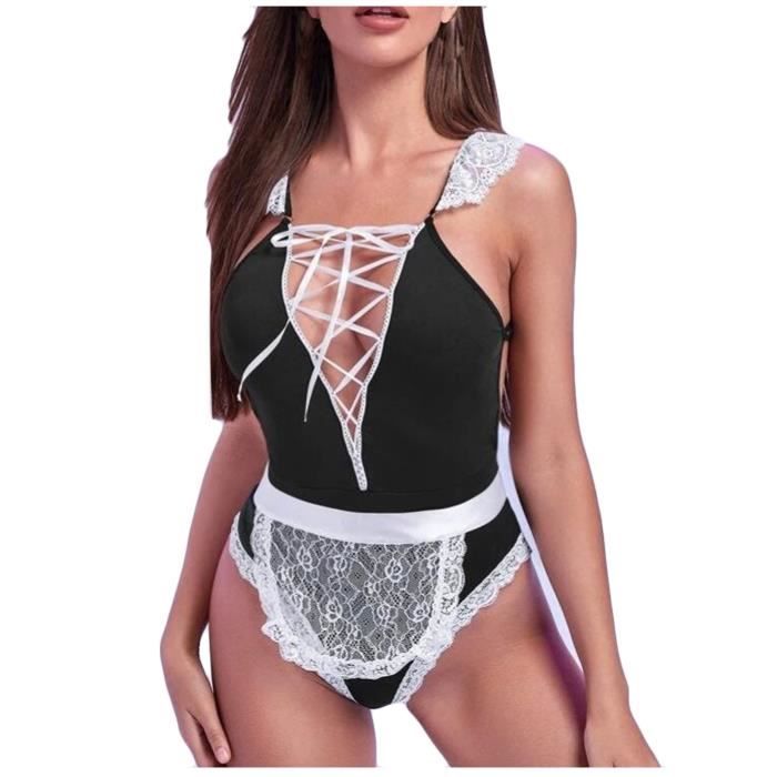 Sexy Femmes Bandage Lingerie Dos Nu Pyjama Uniforme Body Pyjama Combinaison N62803 Noir