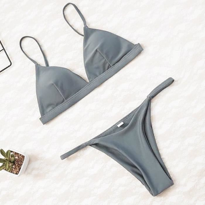 Maillot De Bain Bikini Soutien Gorge Push Up Et Culotte Tanga Pour Femme Type Grey Blanc