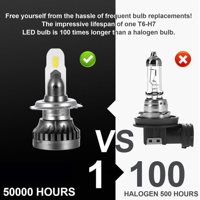 2 pièces H7 LED phares ampoules feux de croisement halogène remplacement 50,000 heures 12000LM