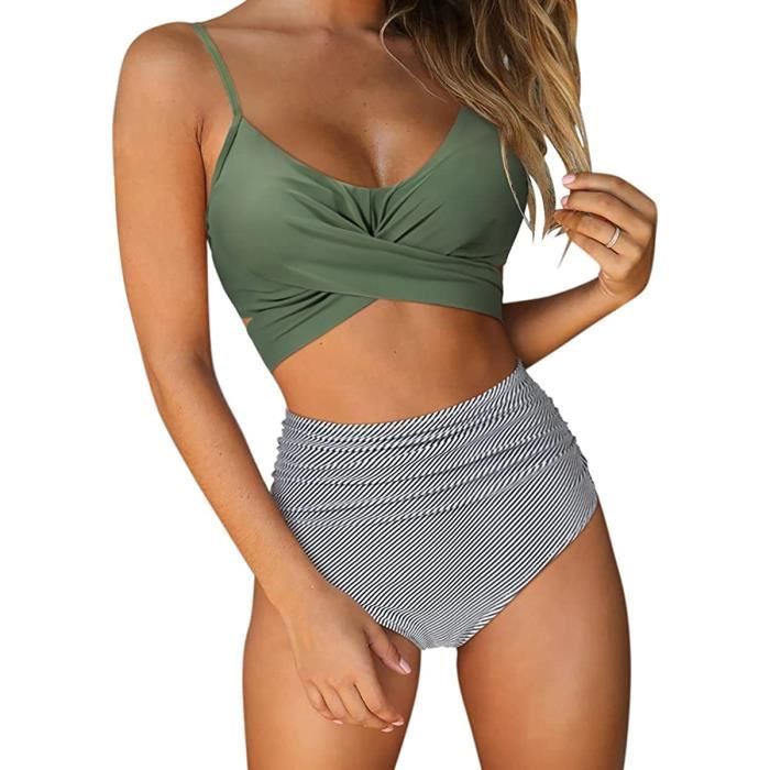 Maillot De Bain Bikini Taille Haute Push Up Avec String Crois Pour