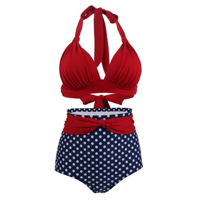 Maillot De Bain Bikini Pliss Rouge Haut Bleu Marine Avec Points Blancs Bas Femme Classique