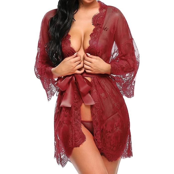 Krekco Femme Lingerie Sexy Lace Night Dress Suit Pajama Plus Size