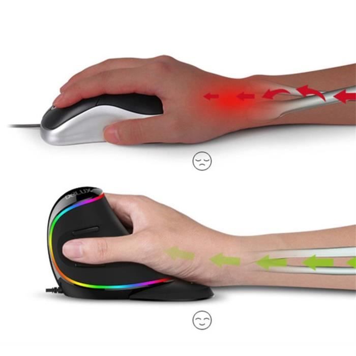 Design ergonomique Souris verticale RVB Delux M618 Plus pour ordinateur à écran tactile 4000 DPI noir Lumière respiratoire