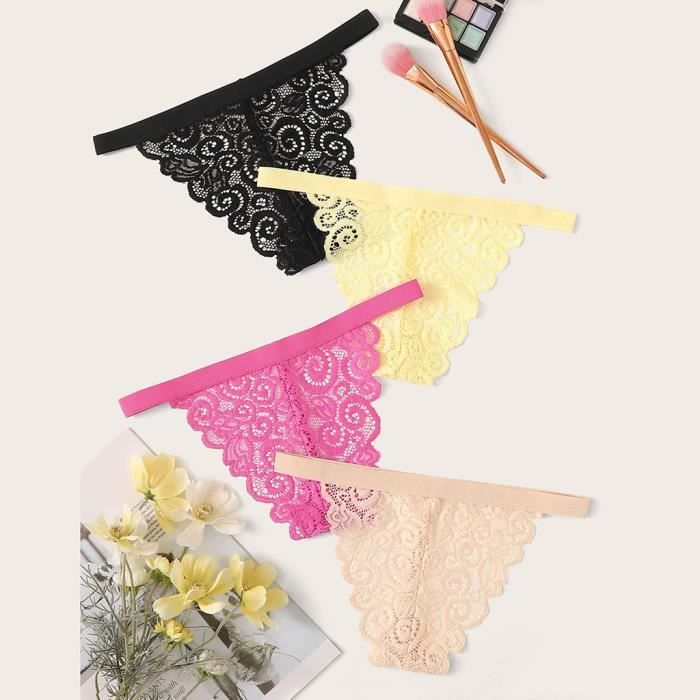 Tanga Pc Femmes Dentelle Fleurs Creux Sous V Tements Culottes G String Lingerie Tongs Y Noir